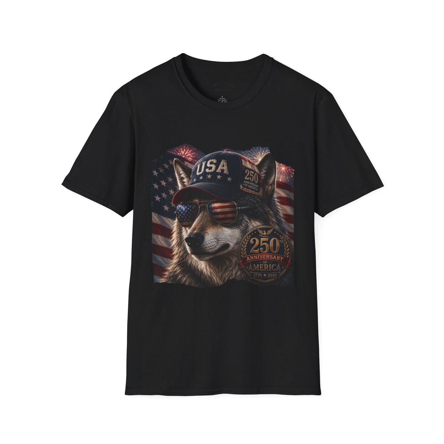 Patriotic USA Wolf T-Shirt — Vintage Flag Dog with USA Cap and Sunglasses