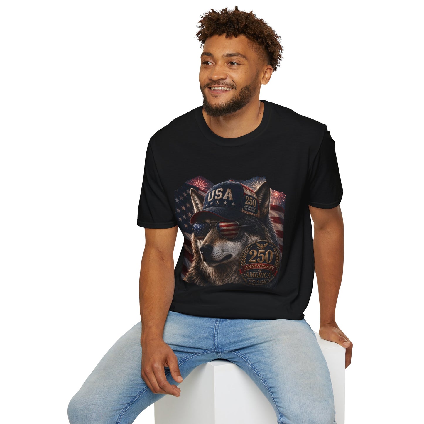 Patriotic USA Wolf T-Shirt — Vintage Flag Dog with USA Cap and Sunglasses