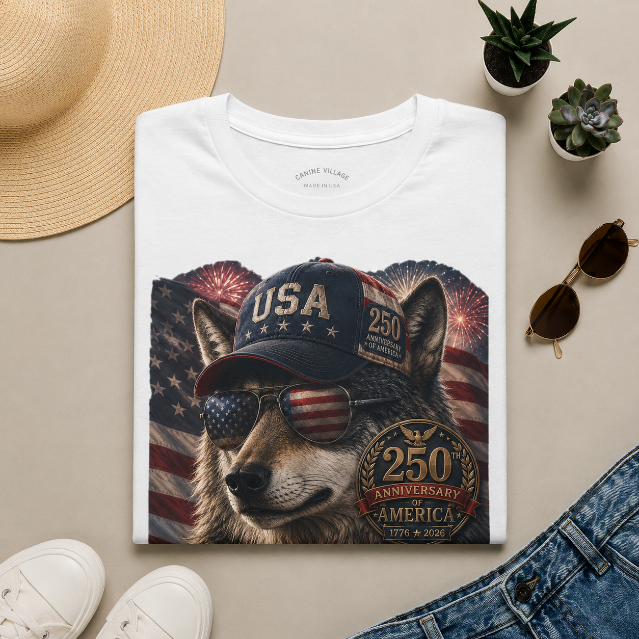 Patriotic USA Wolf T-Shirt — Vintage Flag Dog with USA Cap and Sunglasses
