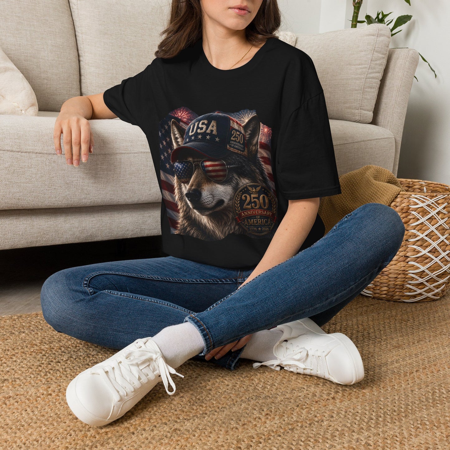 Patriotic USA Wolf T-Shirt — Vintage Flag Dog with USA Cap and Sunglasses