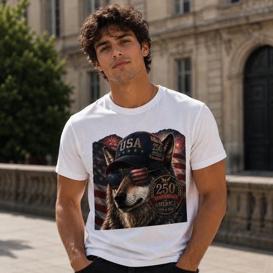 Patriotic USA Wolf T-Shirt — Vintage Flag Dog with USA Cap and Sunglasses